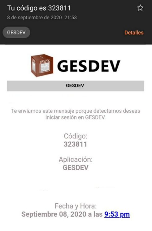 Código de acceso por Correo Electrónico - Mensaje