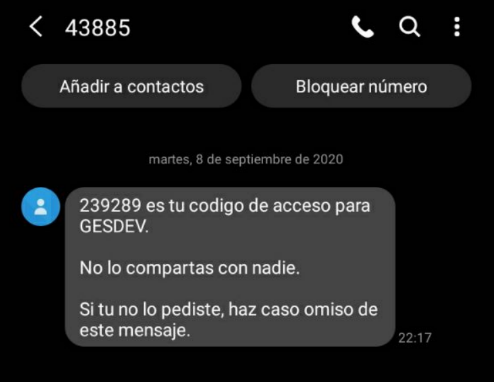 Código de acceso de un sólo uso - SMS