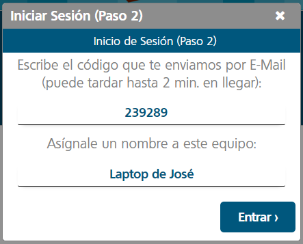 Inicio de Sesión - Código de acceso y nombre de equipo